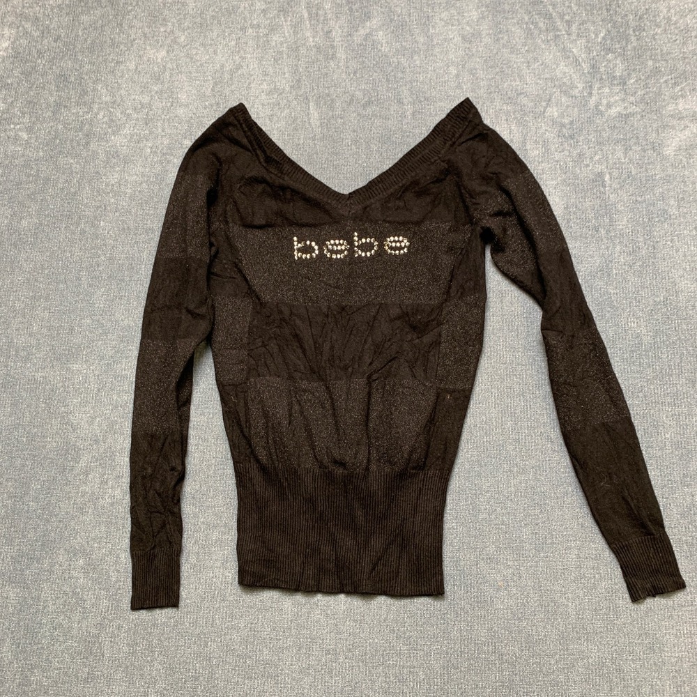 Bebe Knit Top Womens Black Rhinestone Logo Ribbed Trim Long Sleeve Pullover